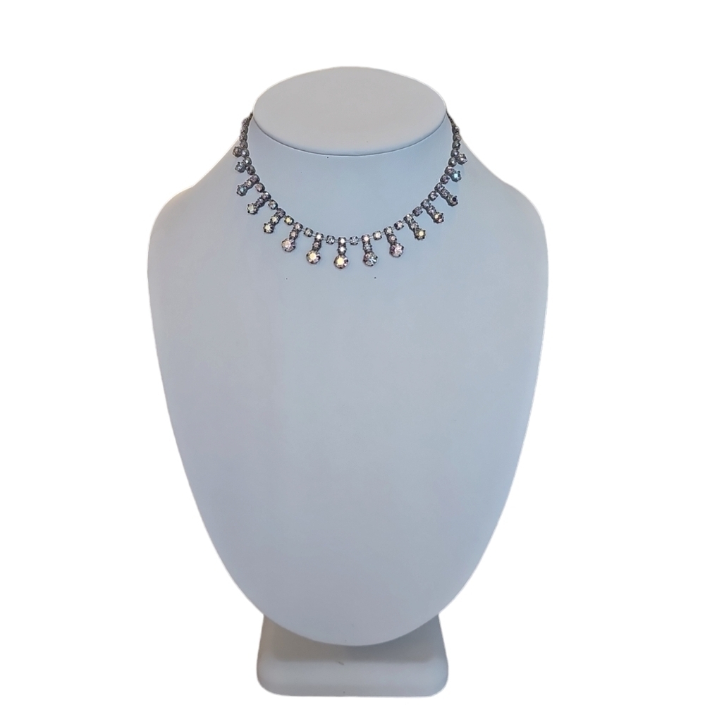 Vintage 1950s Austrian Crystal Choker Necklace Silver Tone With Aurora Borealis